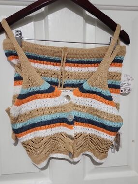 Striped Crochet Set Button-Front Crop Top in Tan, White, Orange & Teal